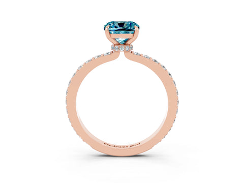 Rose gold Cushion Cut Blue Topaz Ring with Pavé Band and Four-Prong Setting_3