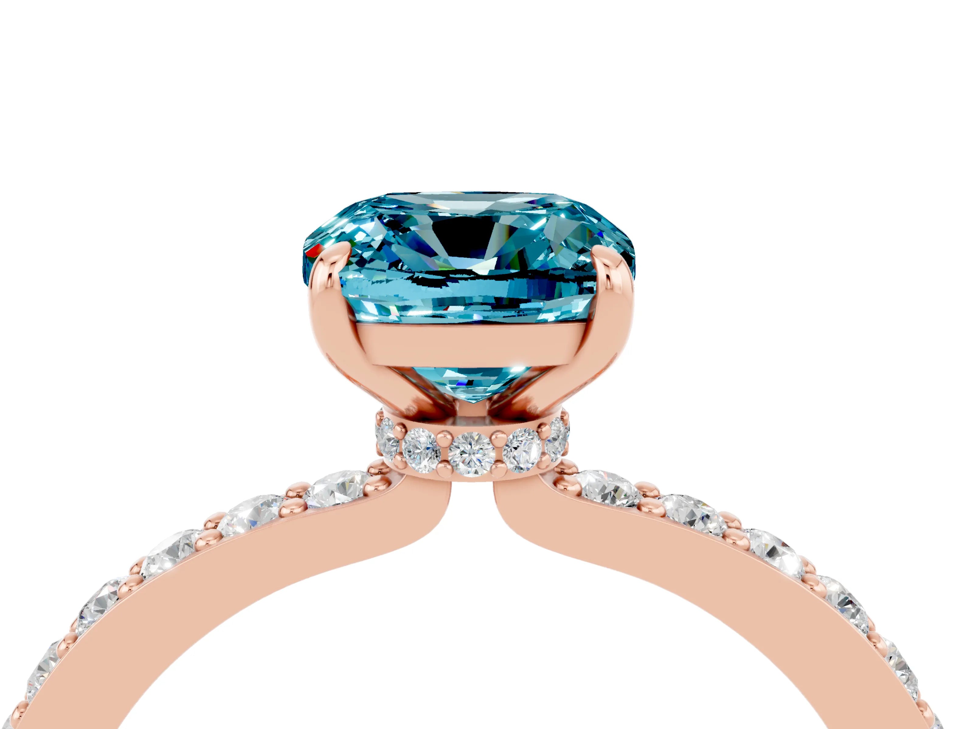 Rose gold Cushion Cut Blue Topaz Ring with Pavé Band and Four-Prong Setting_4
