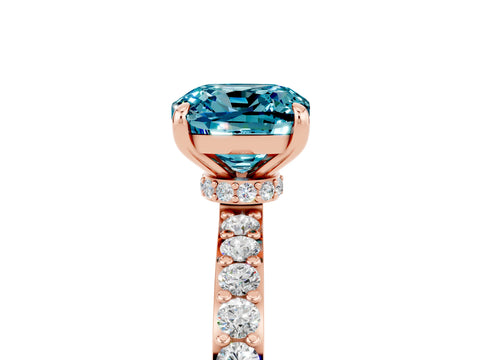 Rose gold Cushion Cut Blue Topaz Ring with Pavé Band and Four-Prong Setting_5
