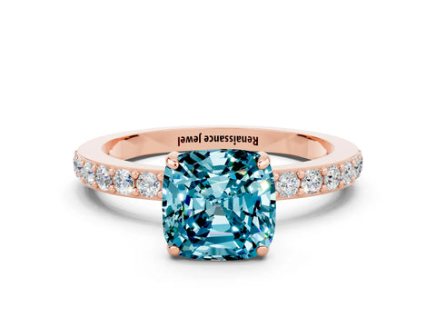 Rose gold Cushion Cut Blue Topaz Ring with Pavé Band and Four-Prong Setting