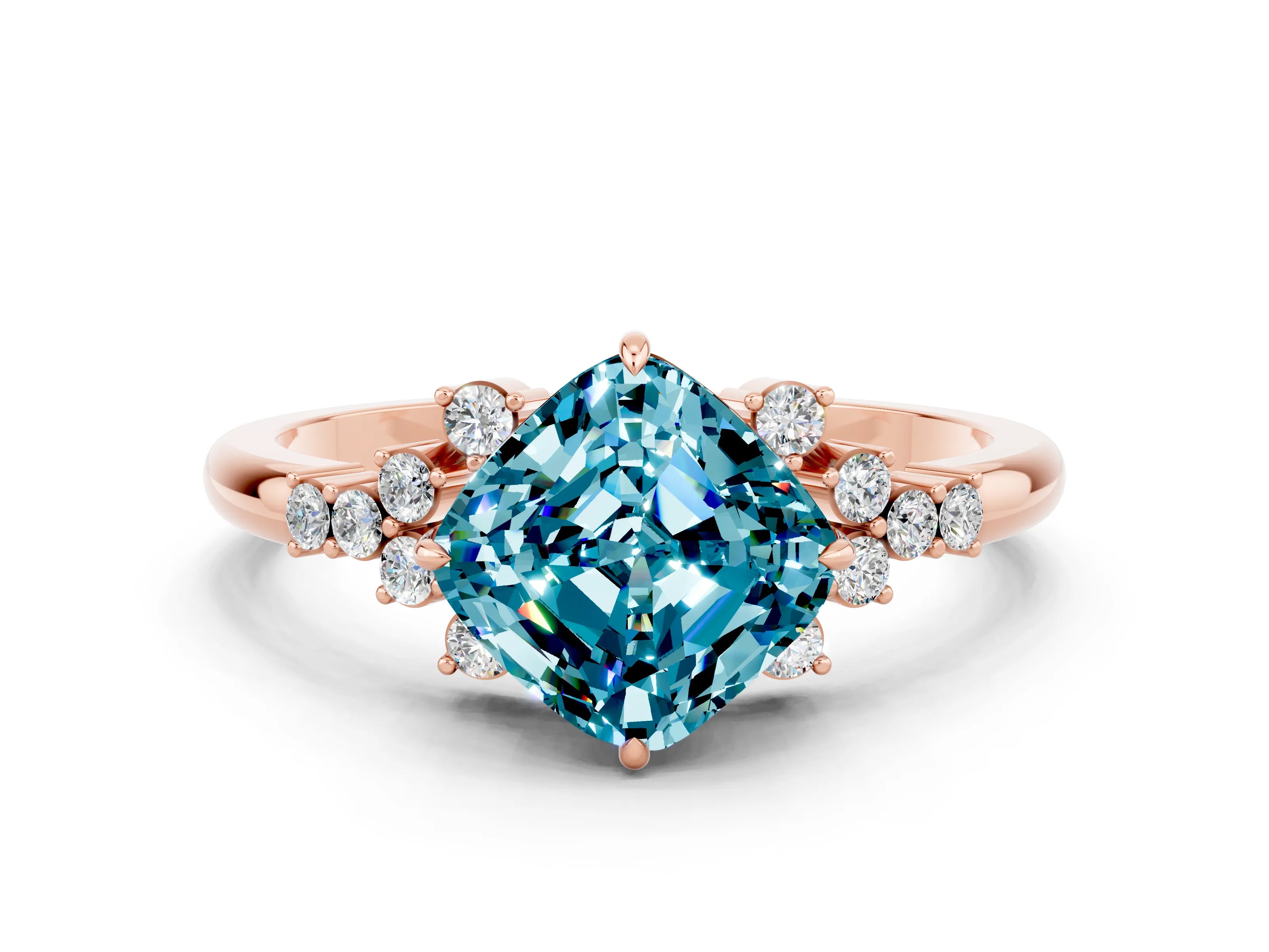 Rose gold Cushion Cut Blue Topaz Ring with Side Stones and Four-Prong Setting_36