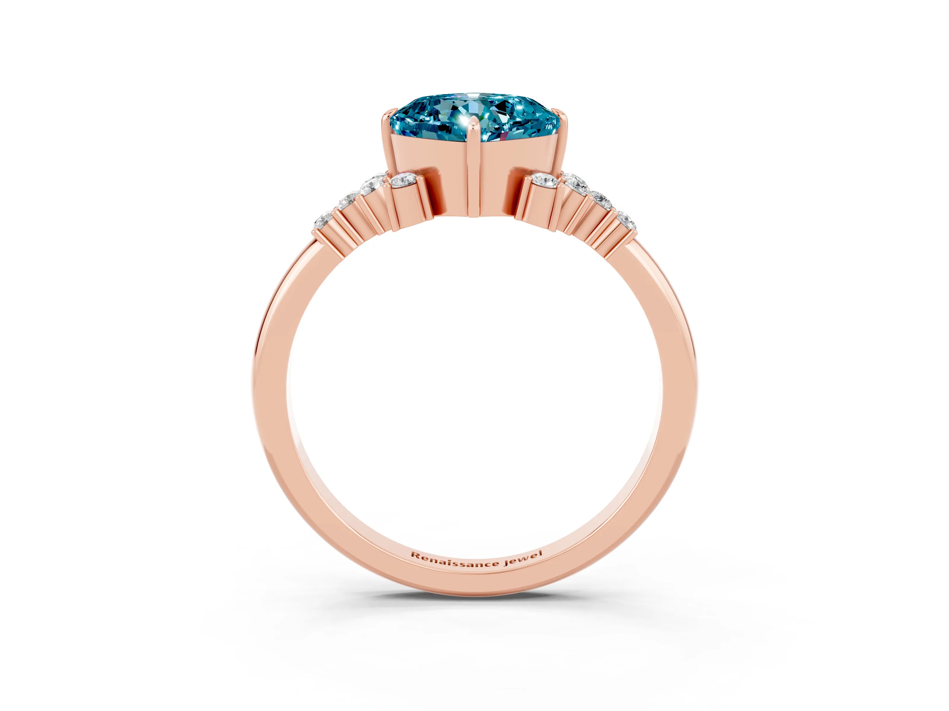 Rose gold Cushion Cut Blue Topaz Ring with Side Stones and Four-Prong Setting_39