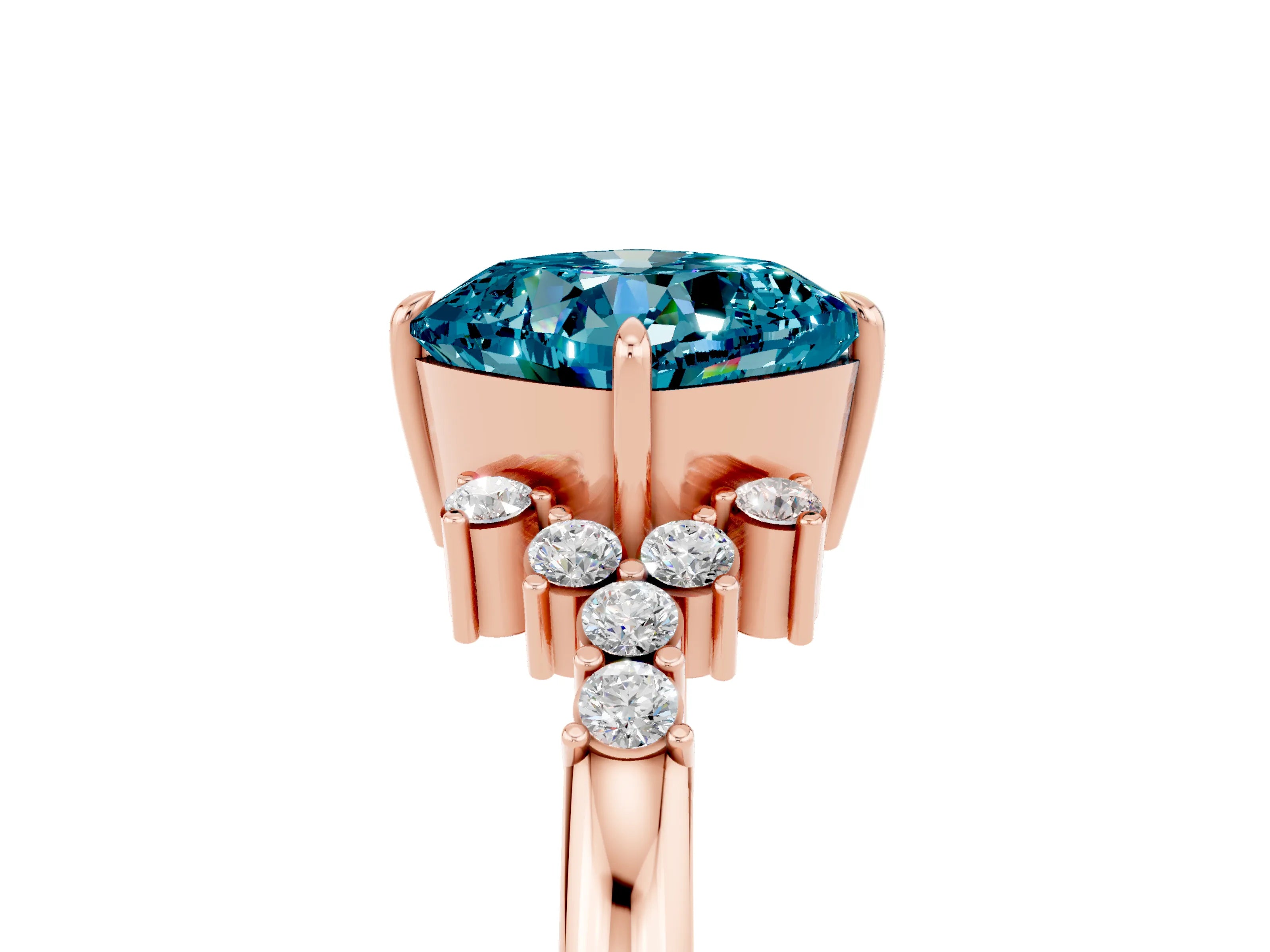Rose gold Cushion Cut Blue Topaz Ring with Side Stones and Four-Prong Setting_41
