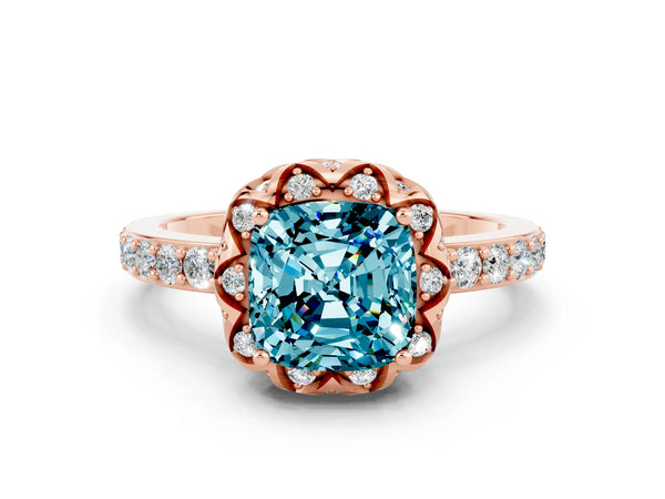 Rose gold Cushion Cut Blue Topaz Scalloped Halo Engagement Ring with Round Shared Prong Band