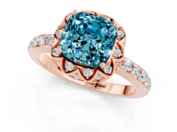 Rose gold Cushion Cut Blue Topaz Scalloped Halo Engagement Ring with Round Shared Prong Band
