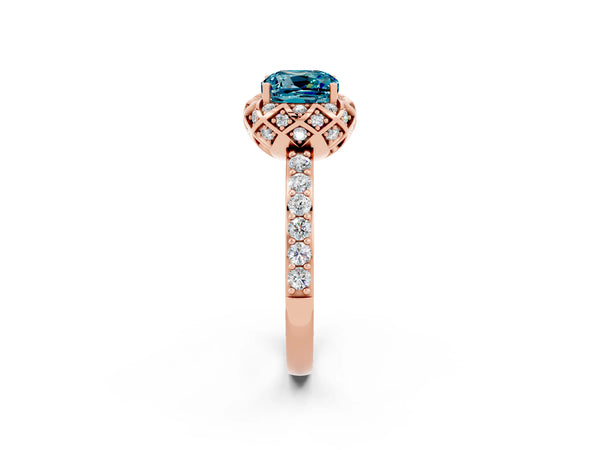 Rose gold Cushion Cut Blue Topaz Scalloped Halo Engagement Ring with Round Shared Prong Band