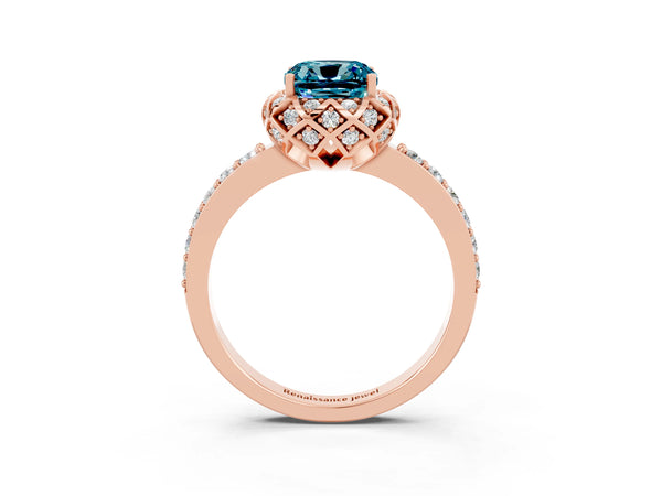 Rose gold Cushion Cut Blue Topaz Scalloped Halo Engagement Ring with Round Shared Prong Band
