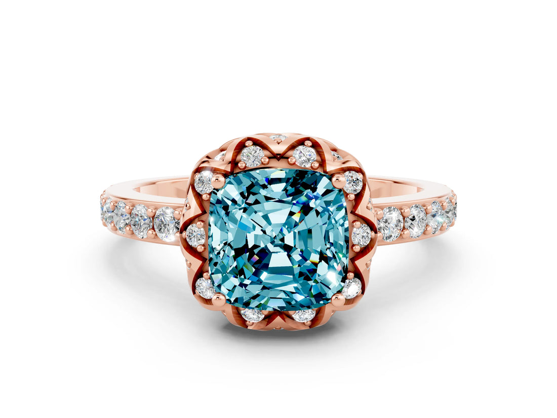 Rose gold Cushion Cut Blue Topaz Scalloped Halo Engagement Ring with Round Shared Prong Band_24