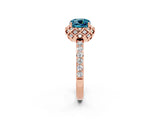 Rose gold Cushion Cut Blue Topaz Scalloped Halo Engagement Ring with Round Shared Prong Band_26