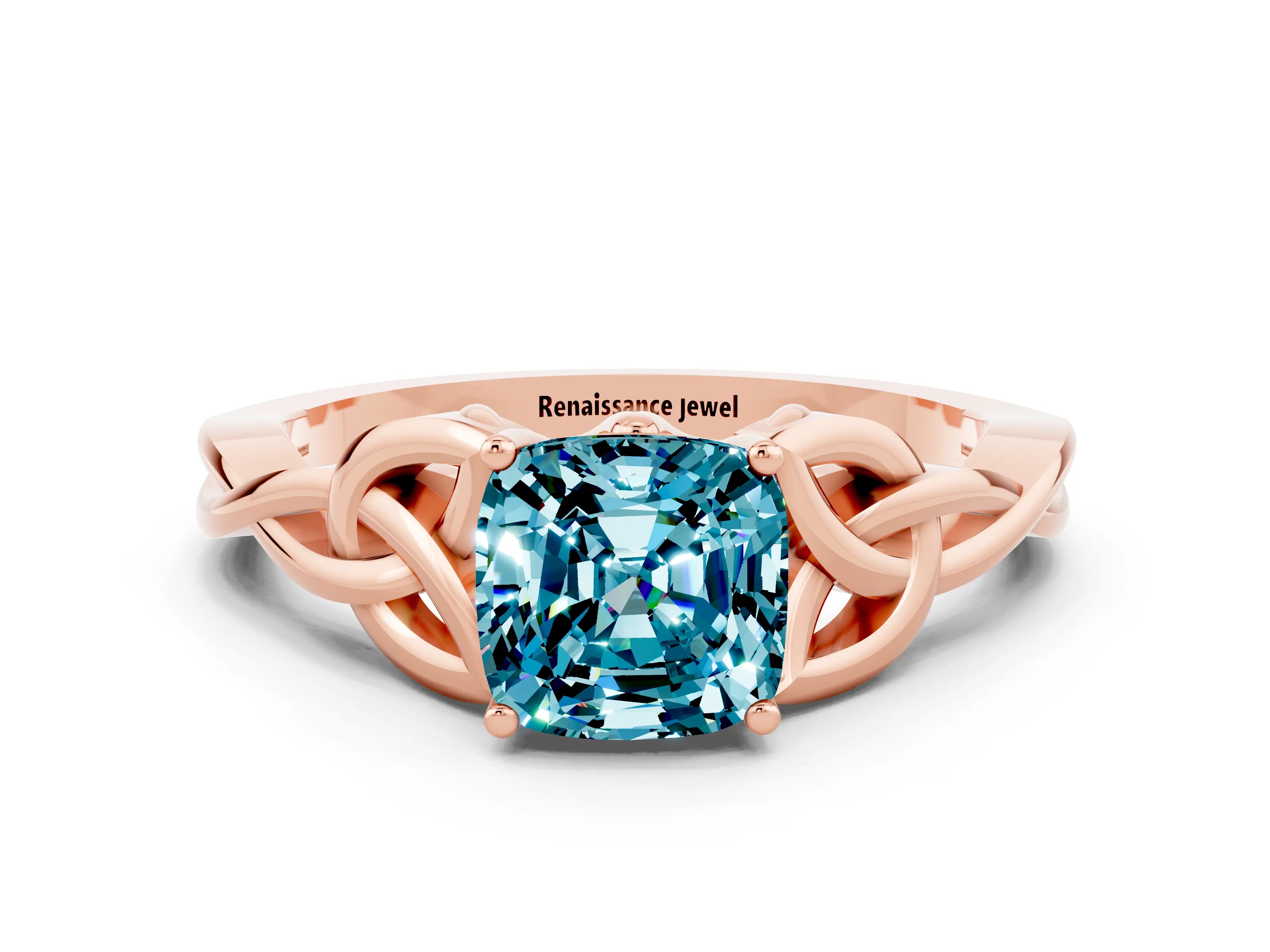 Rose gold Cushion Cut Blue Topaz Solitaire Celtic Knot Ring with Four-Prong Setting_12