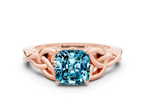 Rose gold Cushion Cut Blue Topaz Solitaire Celtic Knot Ring with Four-Prong Setting_12