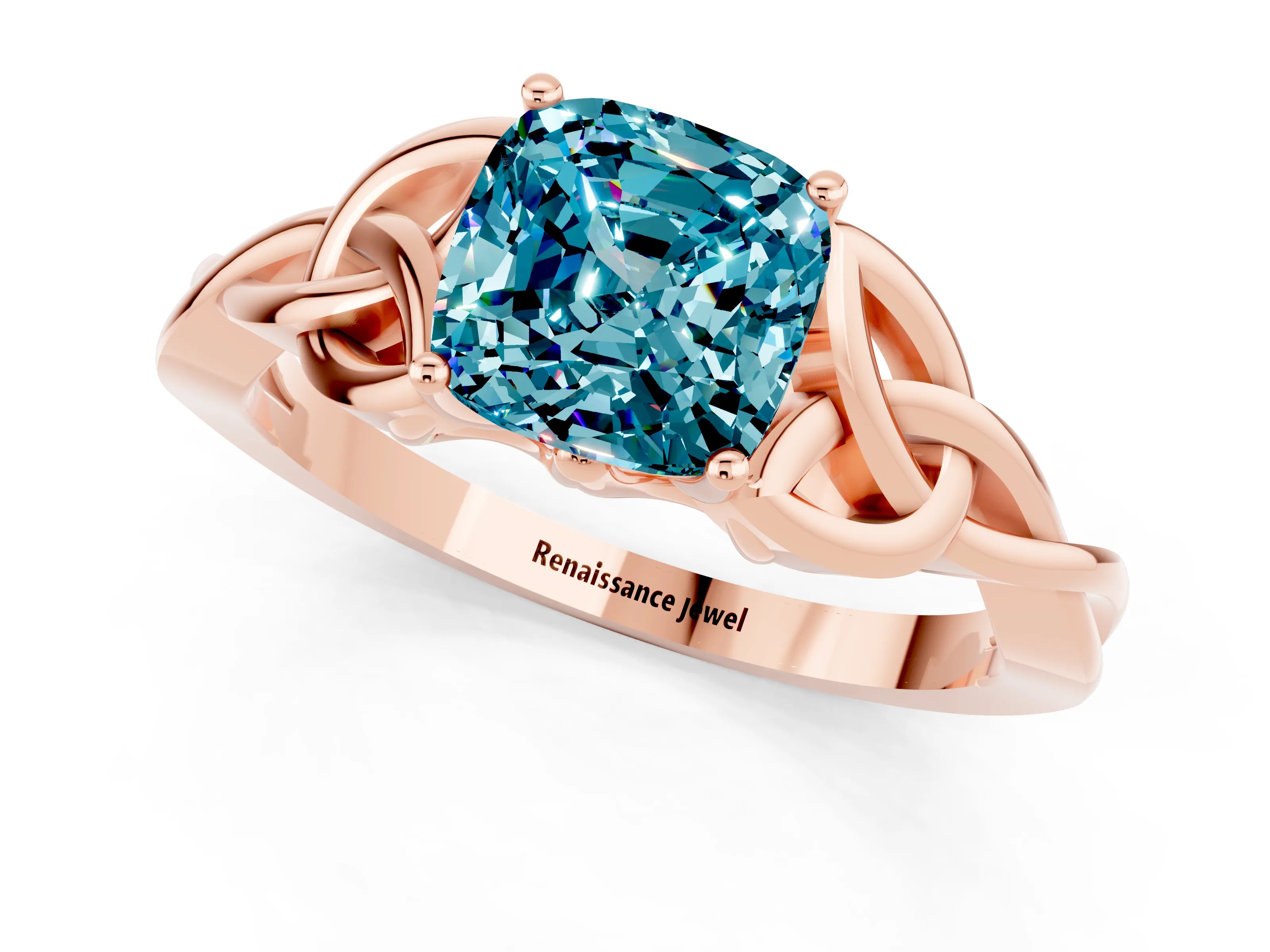 Rose gold Cushion Cut Blue Topaz Solitaire Celtic Knot Ring with Four-Prong Setting_13