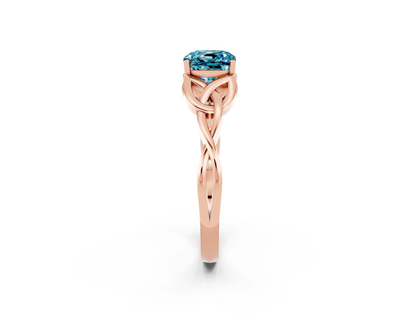 Rose gold Cushion Cut Blue Topaz Solitaire Celtic Knot Ring with Four-Prong Setting