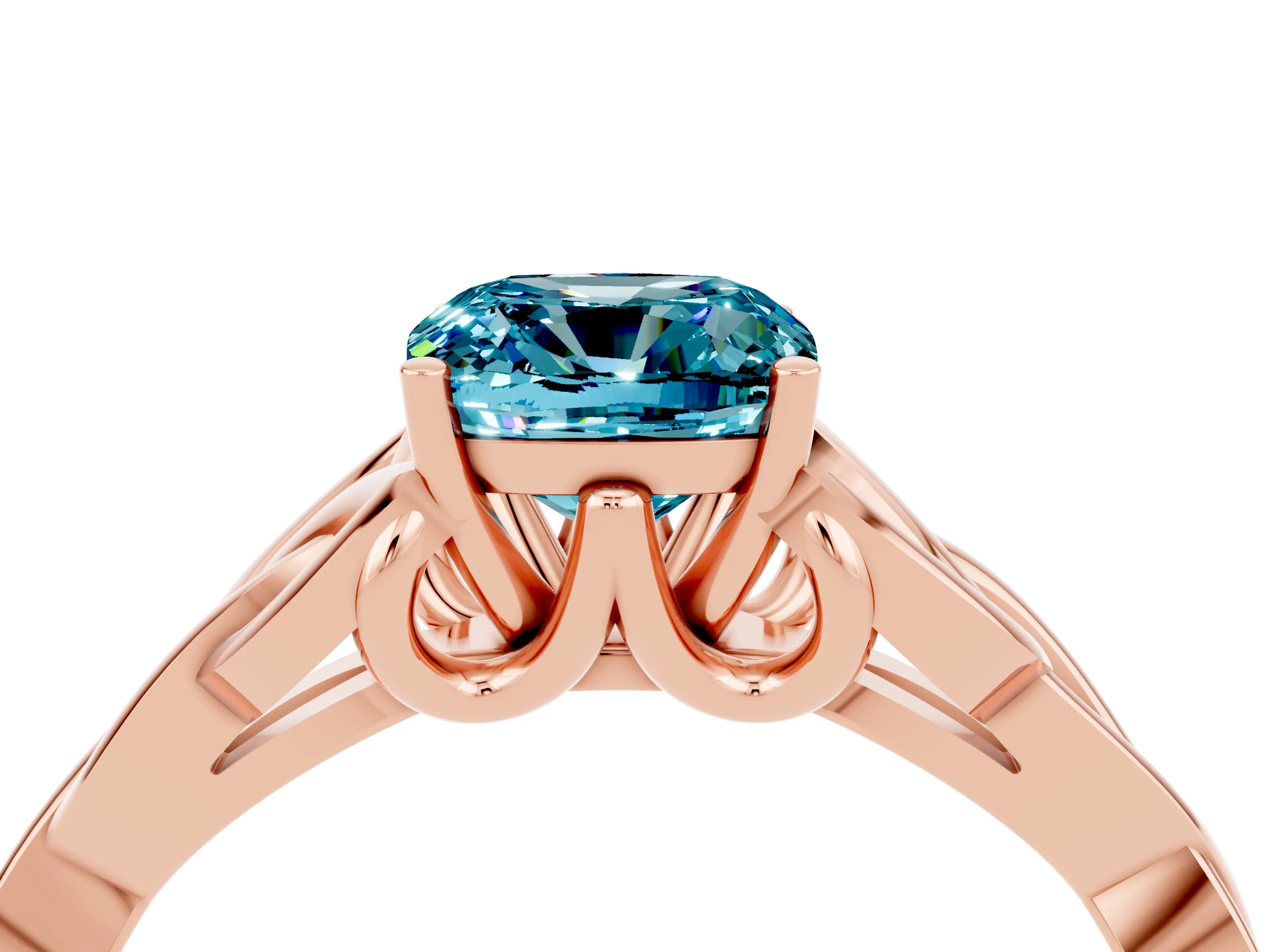 Rose gold Cushion Cut Blue Topaz Solitaire Engagement Ring with Celtic Knot Band and Four-Prong Setting_4
