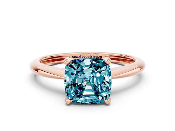 Rose gold Cushion Cut Blue Topaz Solitaire Engagement Ring with Classic Band and Four-Prong Setting