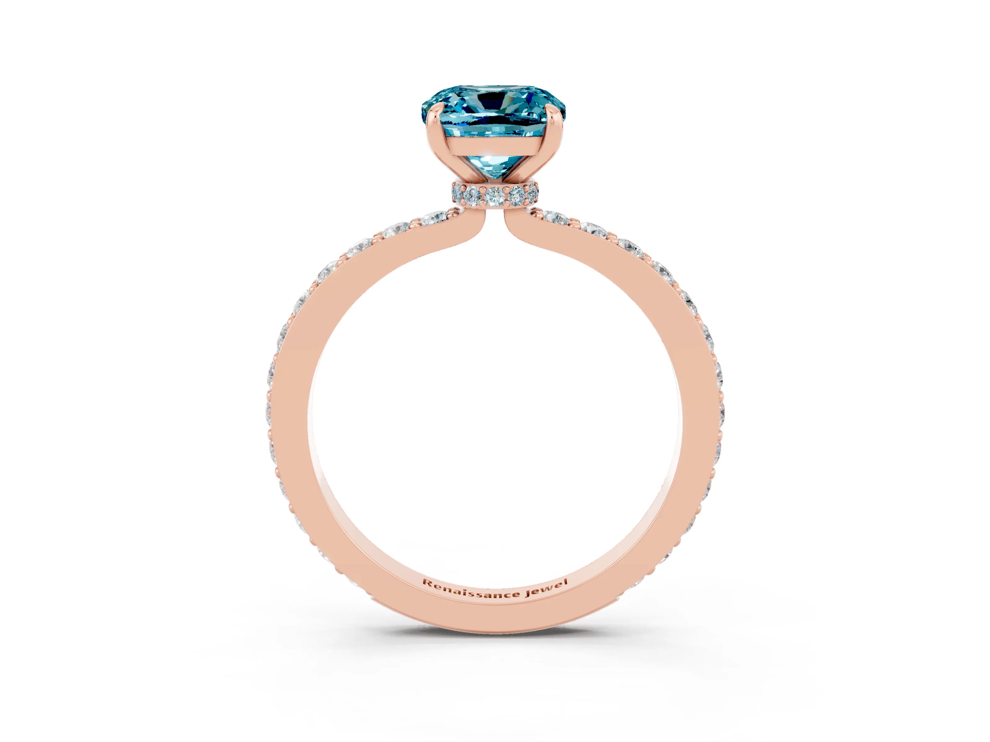 Rose gold Cushion Cut Blue Topaz Solitaire Engagement Ring with Pavé Band and Four-Prong Setting_3