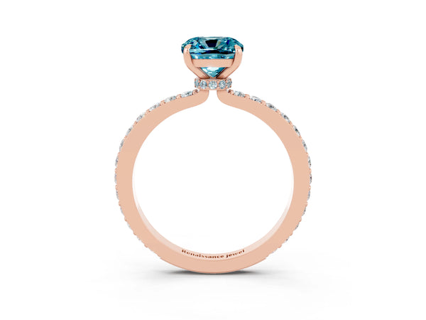 Rose gold Cushion Cut Blue Topaz Solitaire Engagement Ring with Pavé Band and Four-Prong Setting
