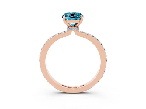 Rose gold Cushion Cut Blue Topaz Solitaire Engagement Ring with Pavé Band and Four-Prong Setting_3