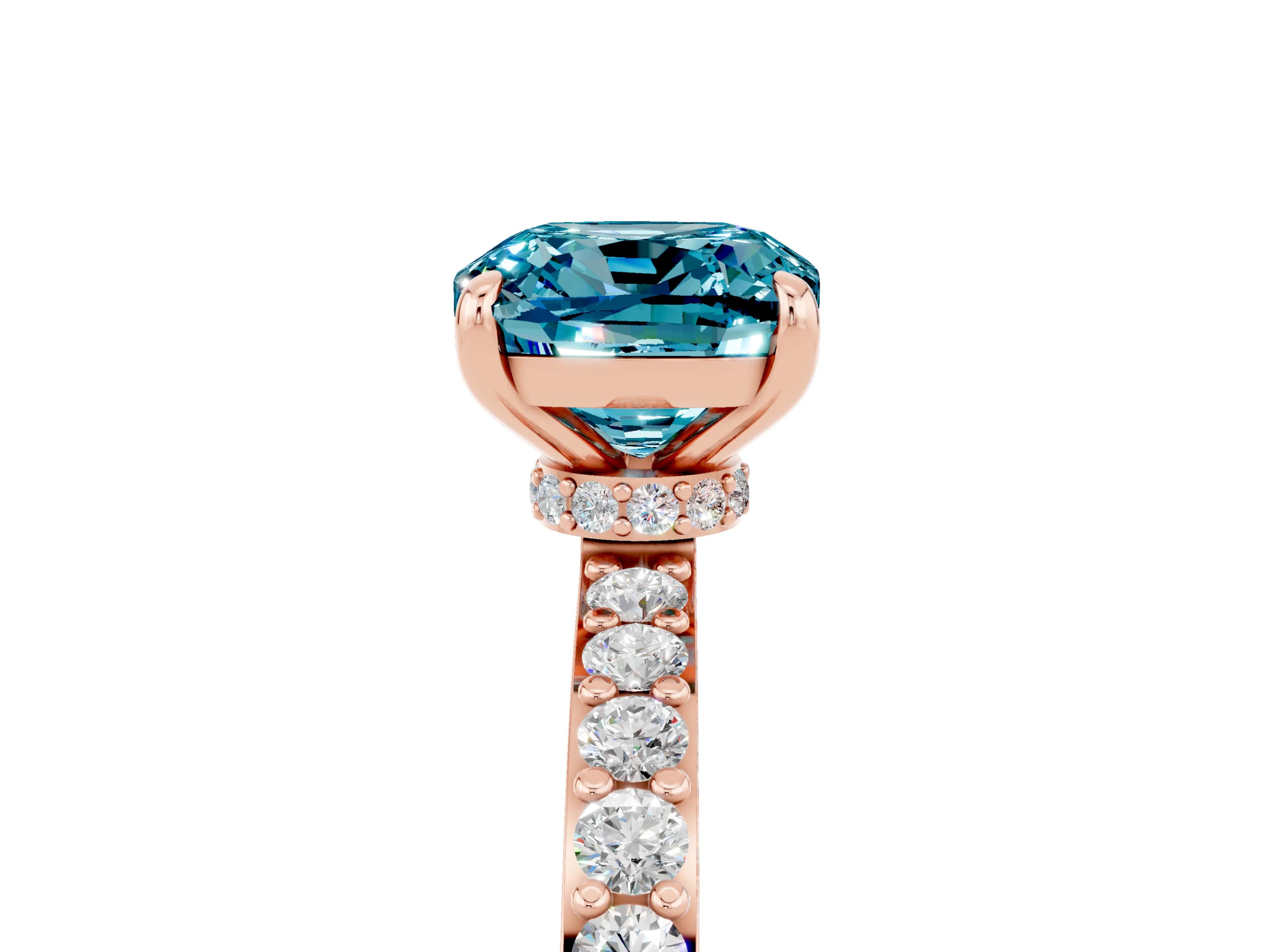 Rose gold Cushion Cut Blue Topaz Solitaire Engagement Ring with Pavé Band and Four-Prong Setting_5