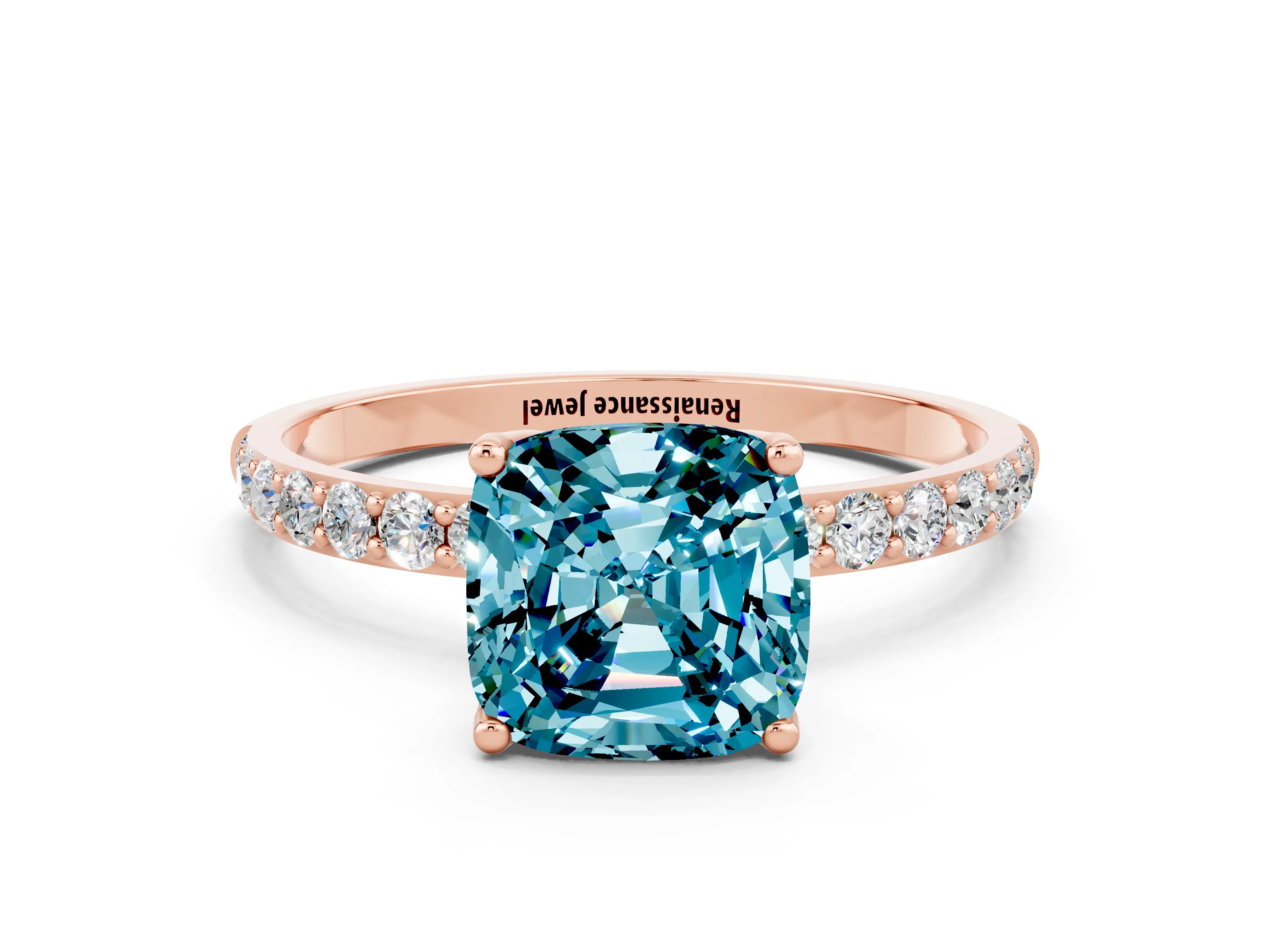 Rose gold Cushion Cut Blue Topaz Solitaire Engagement Ring with Pavé Band and Prong Setting
