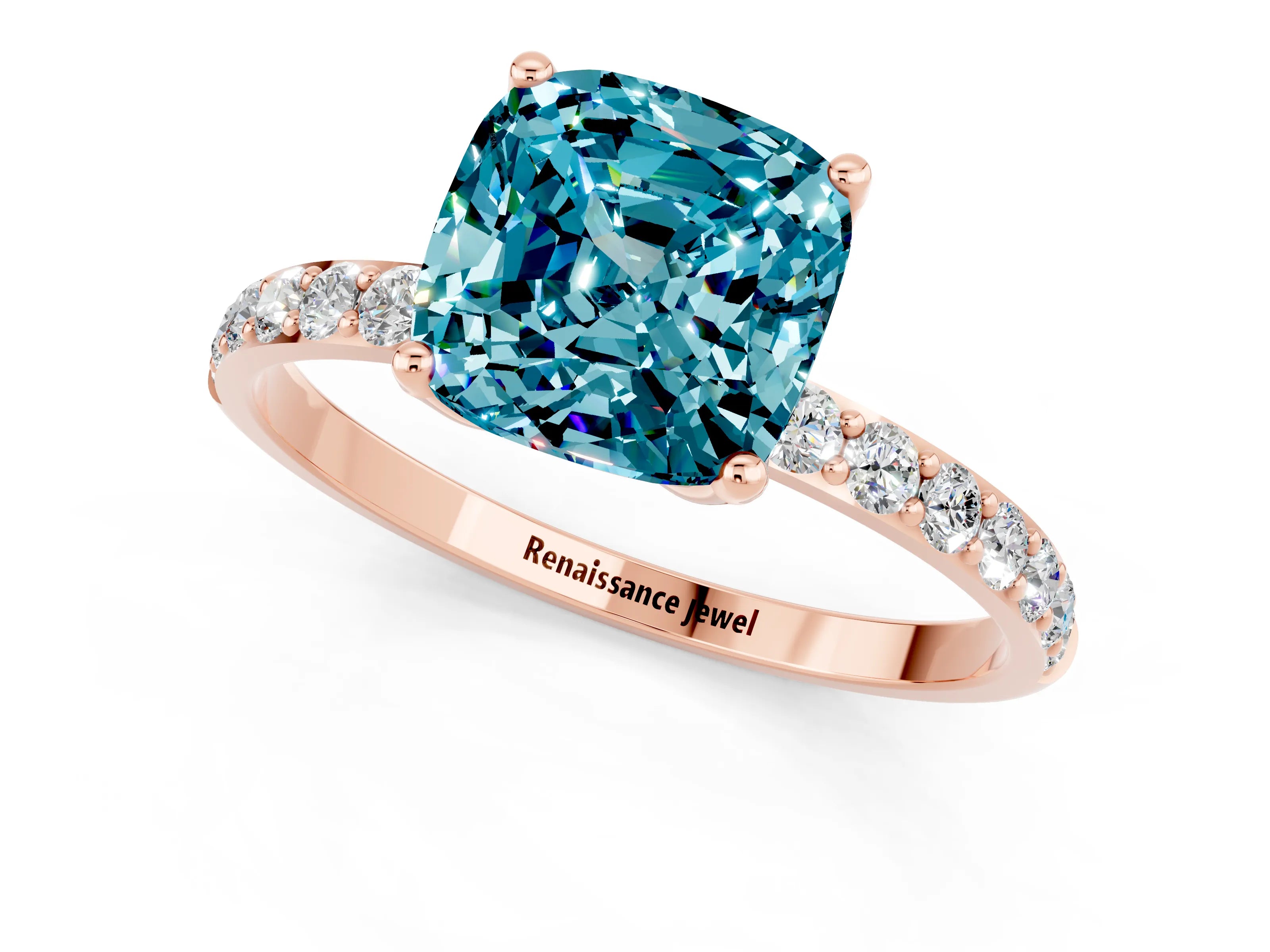 Rose gold Cushion Cut Blue Topaz Solitaire Engagement Ring with Pavé Band and Prong Setting_1