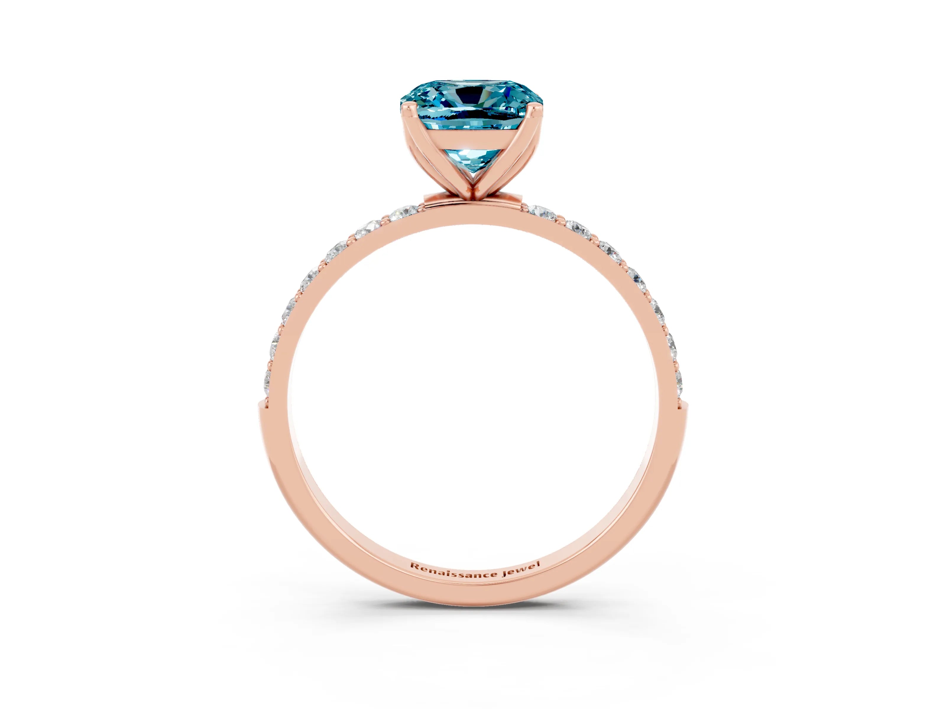 Rose gold Cushion Cut Blue Topaz Solitaire Engagement Ring with Pavé Band and Prong Setting_3