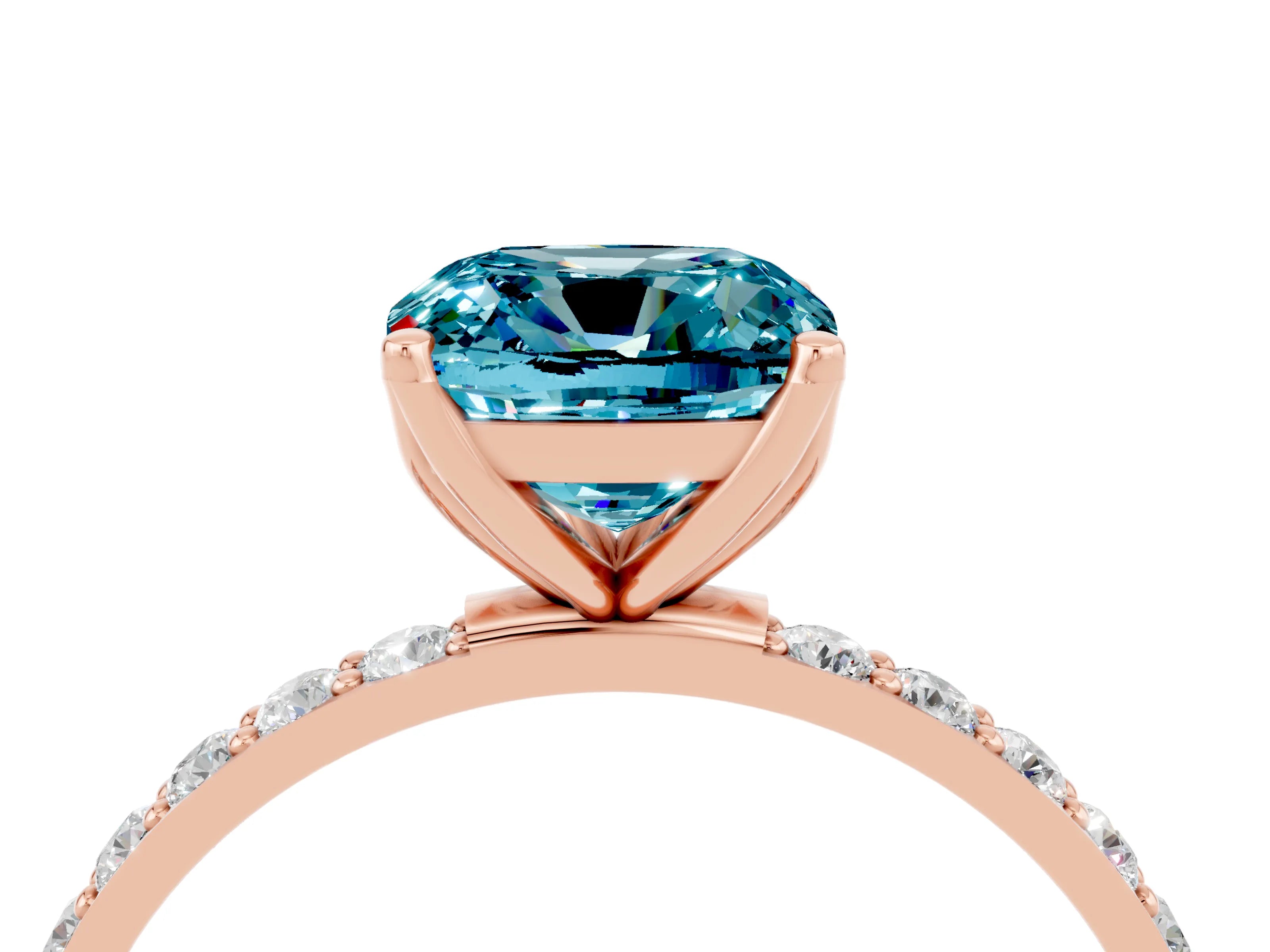 Rose gold Cushion Cut Blue Topaz Solitaire Engagement Ring with Pavé Band and Prong Setting_4