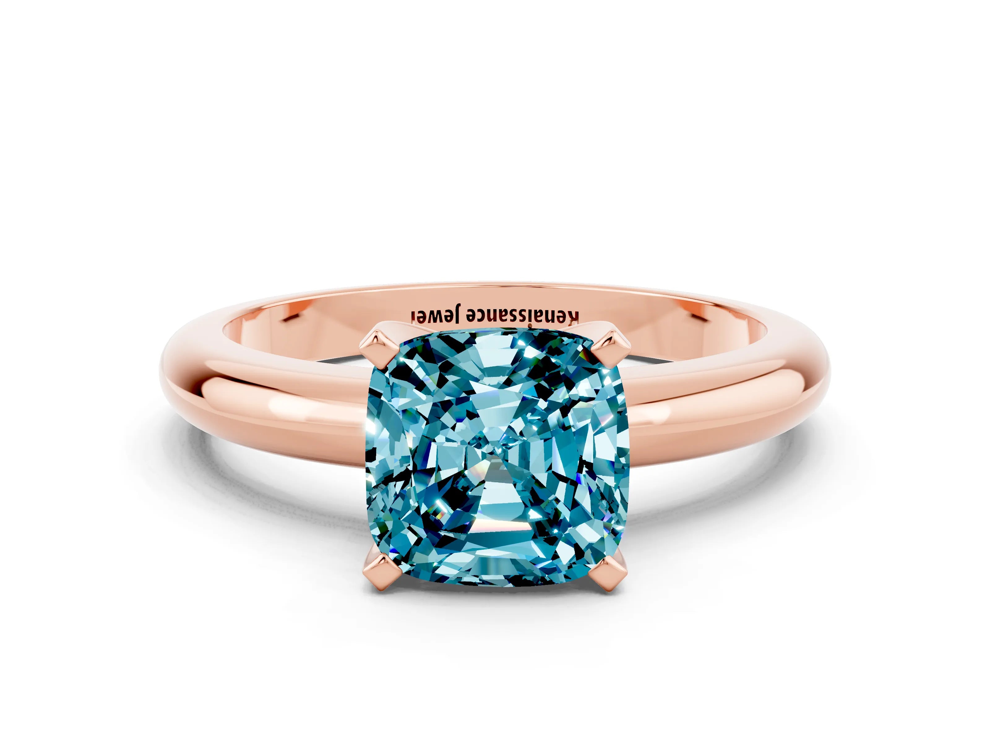 Rose gold Cushion Cut Blue Topaz Solitaire Engagement Ring with Round Band and Four-Prong Setting