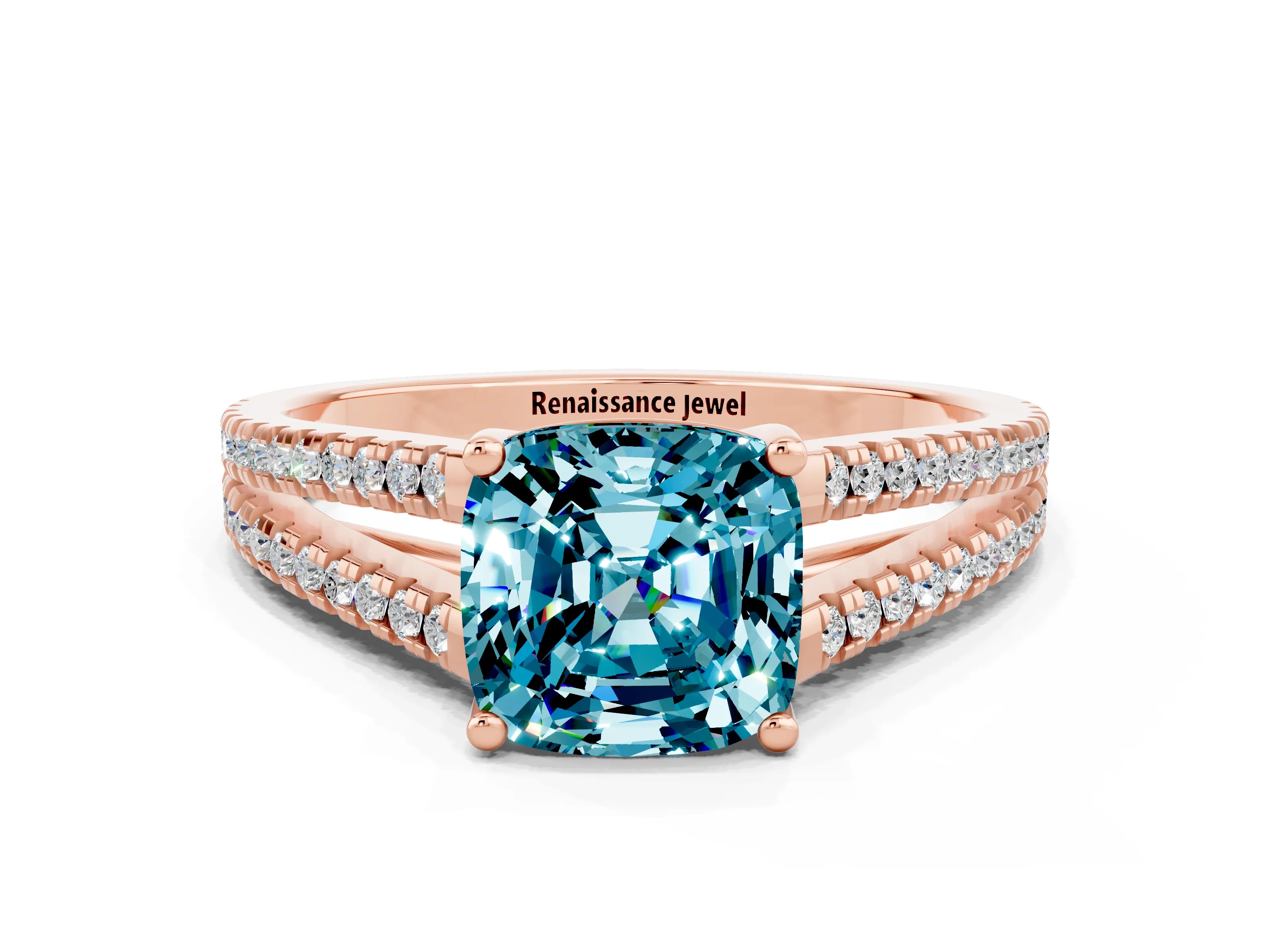 Rose gold Cushion Cut Blue Topaz Solitaire Engagement Ring with Split Shank Pavé Band