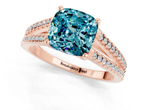 Rose gold Cushion Cut Blue Topaz Solitaire Engagement Ring with Split Shank Pavé Band_1