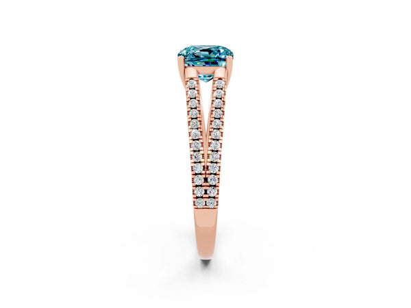 Rose gold Cushion Cut Blue Topaz Solitaire Engagement Ring with Split Shank Pavé Band