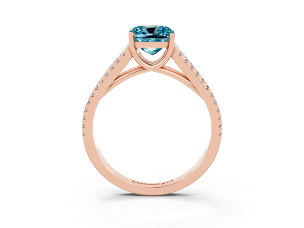 Rose gold Cushion Cut Blue Topaz Solitaire Engagement Ring with Split Shank Pavé Band