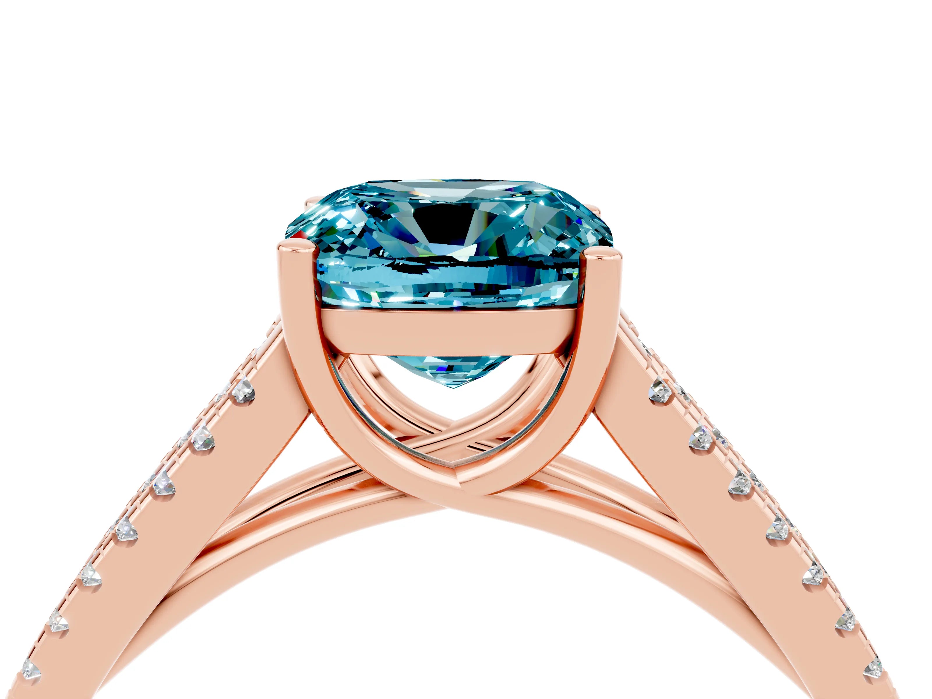 Rose gold Cushion Cut Blue Topaz Solitaire Engagement Ring with Split Shank Pavé Band_4