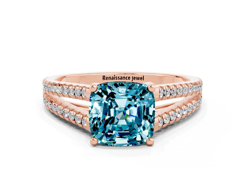 Rose gold Cushion Cut Blue Topaz Solitaire Engagement Ring with Split Shank Pavé Band