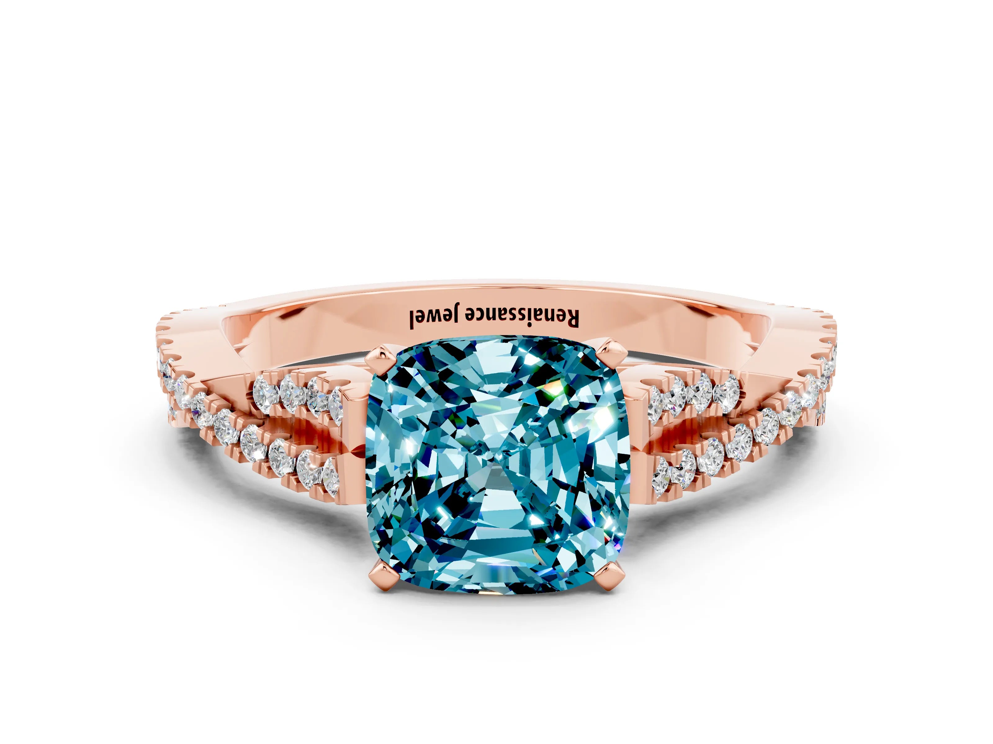 Rose gold Cushion Cut Blue Topaz Solitaire Engagement Ring with Twisted Pavé Band and Four-Prong Setting_12