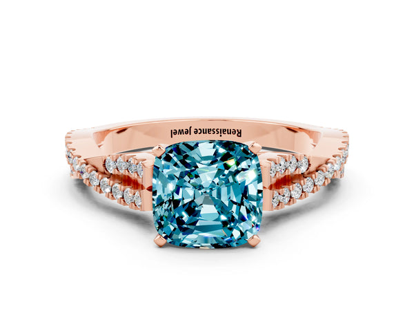 Rose gold Cushion Cut Blue Topaz Solitaire Engagement Ring with Twisted Pavé Band and Four-Prong Setting