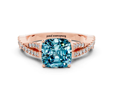 Rose gold Cushion Cut Blue Topaz Solitaire Engagement Ring with Twisted Pavé Band and Four-Prong Setting_12