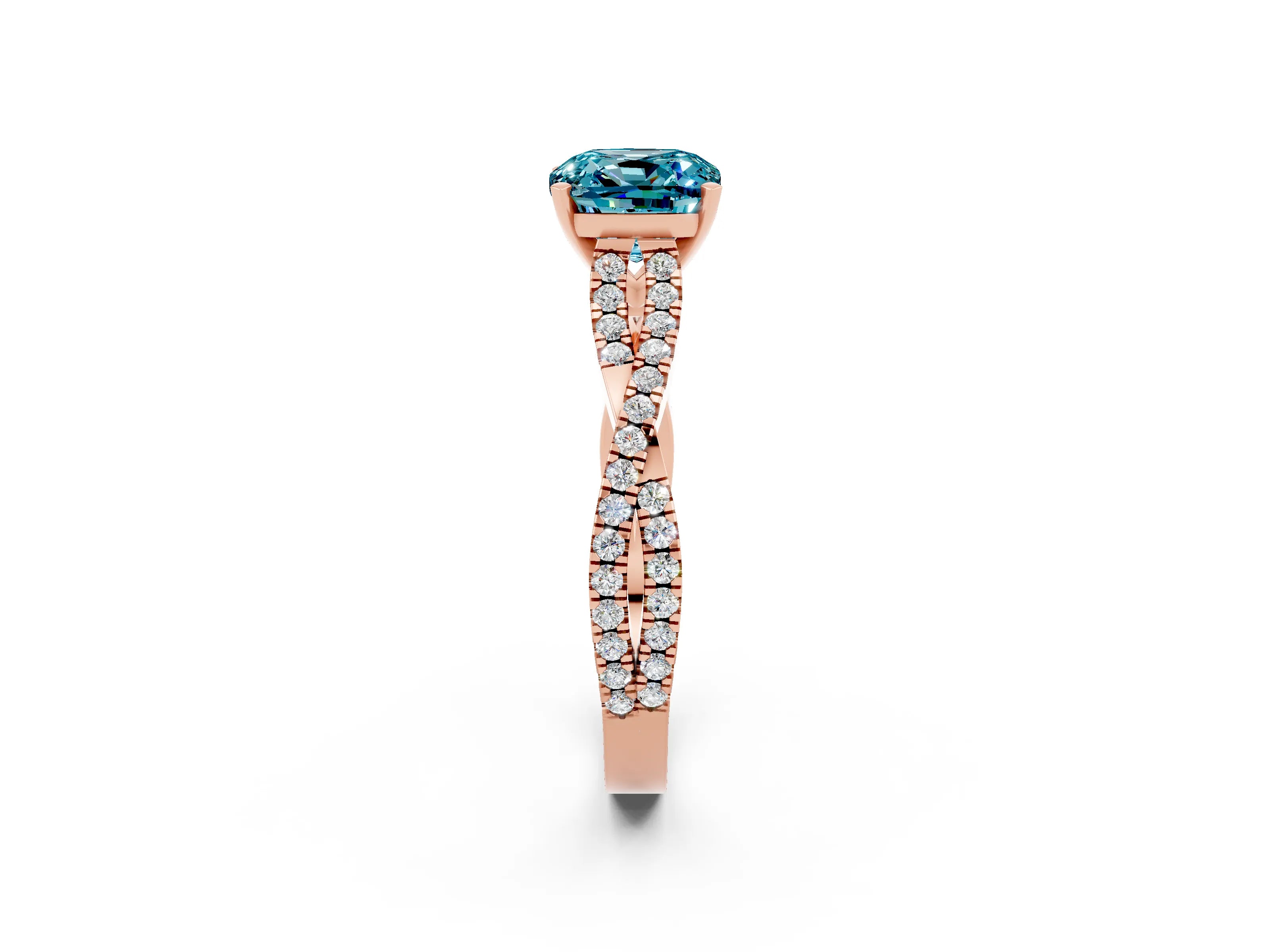 Rose gold Cushion Cut Blue Topaz Solitaire Engagement Ring with Twisted Pavé Band and Four-Prong Setting_14