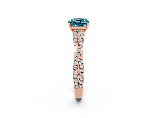 Rose gold Cushion Cut Blue Topaz Solitaire Engagement Ring with Twisted Pavé Band and Four-Prong Setting