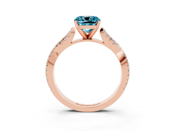 Rose gold Cushion Cut Blue Topaz Solitaire Engagement Ring with Twisted Pavé Band and Four-Prong Setting