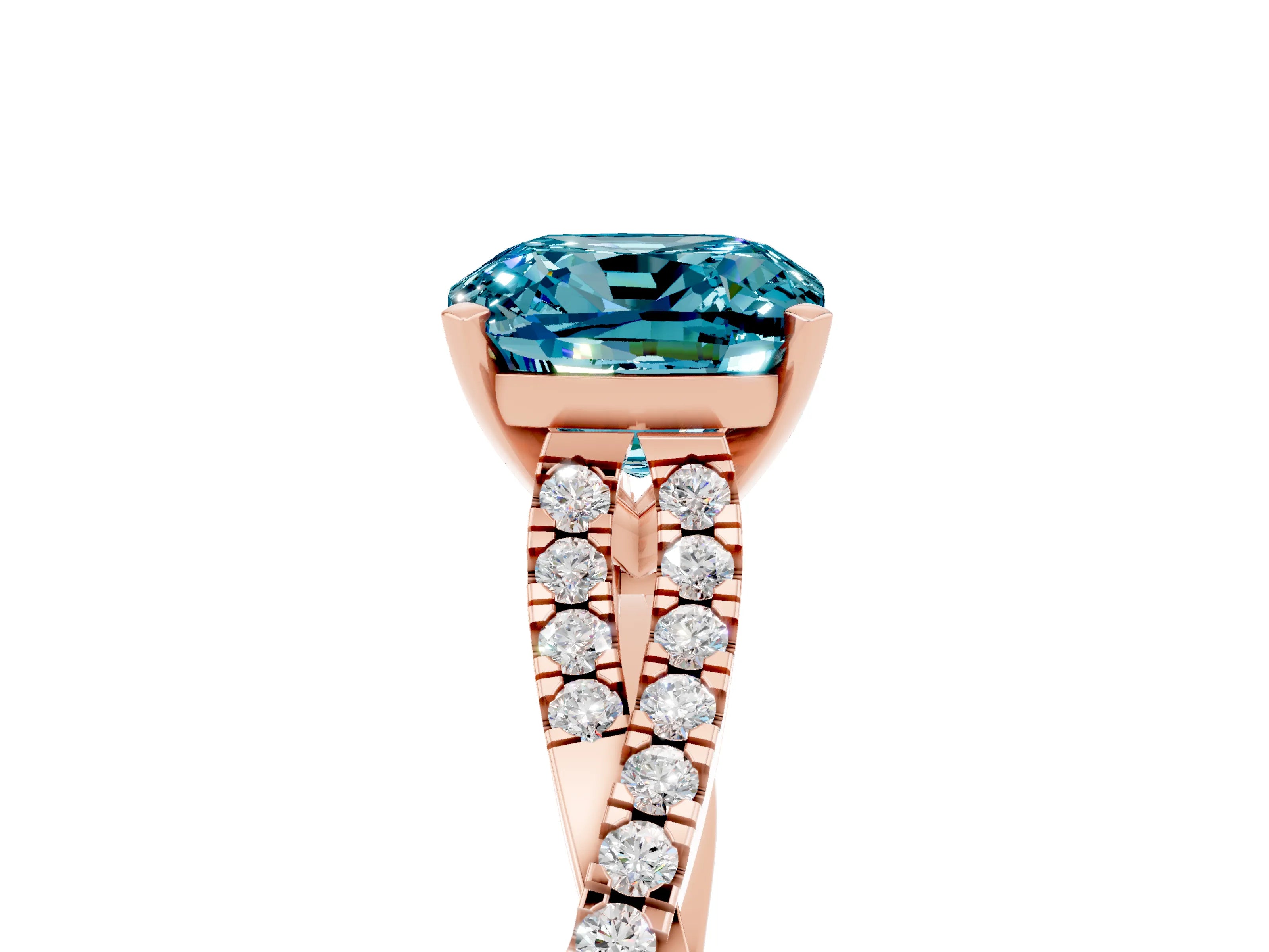 Rose gold Cushion Cut Blue Topaz Solitaire Engagement Ring with Twisted Pavé Band and Four-Prong Setting_17