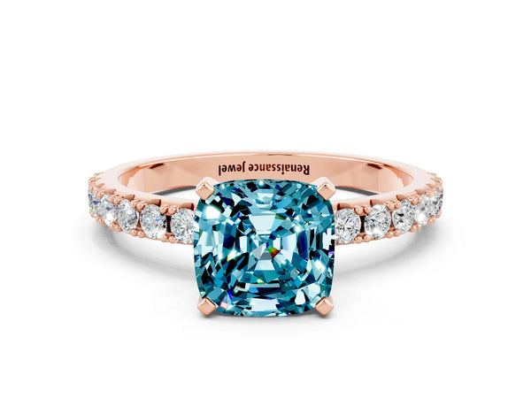 Rose gold Cushion Cut Blue Topaz Solitaire Pavé Band with Four-Prong Setting