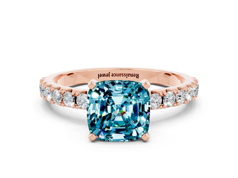 Rose gold Cushion Cut Blue Topaz Solitaire Pavé Band with Four-Prong Setting