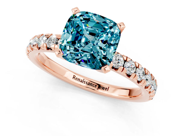 Rose gold Cushion Cut Blue Topaz Solitaire Pavé Engagement Ring with Round Band and Prong Setting