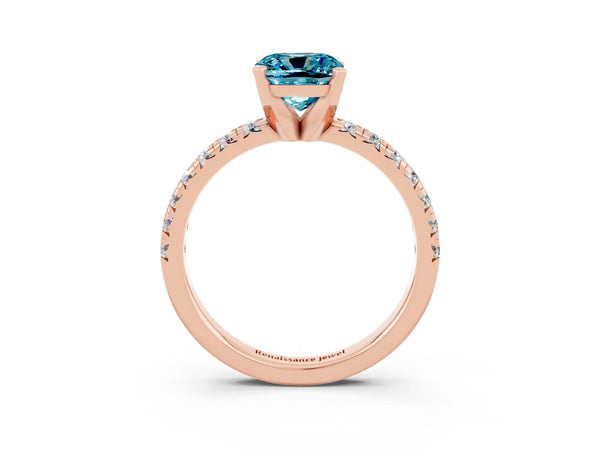 Rose gold Cushion Cut Blue Topaz Solitaire Pavé Engagement Ring with Round Band and Prong Setting