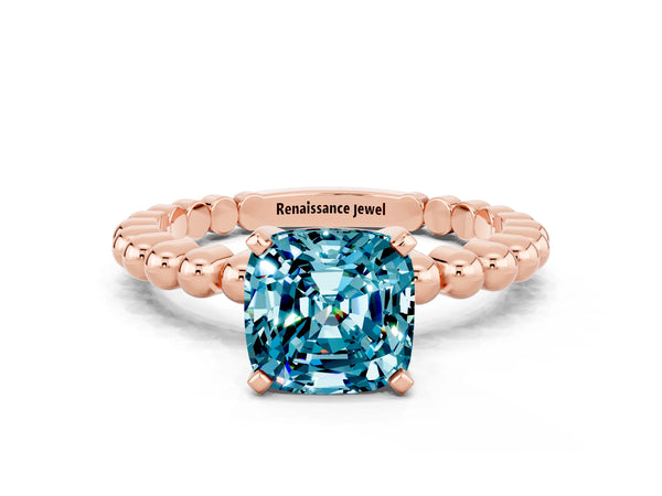 Rose gold Cushion Cut Blue Topaz Solitaire Ring with Beaded Band and Prong Setting