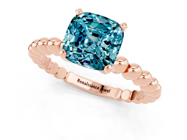 Rose gold Cushion Cut Blue Topaz Solitaire Ring with Beaded Band and Prong Setting