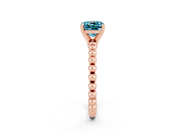 Rose gold Cushion Cut Blue Topaz Solitaire Ring with Beaded Band and Prong Setting