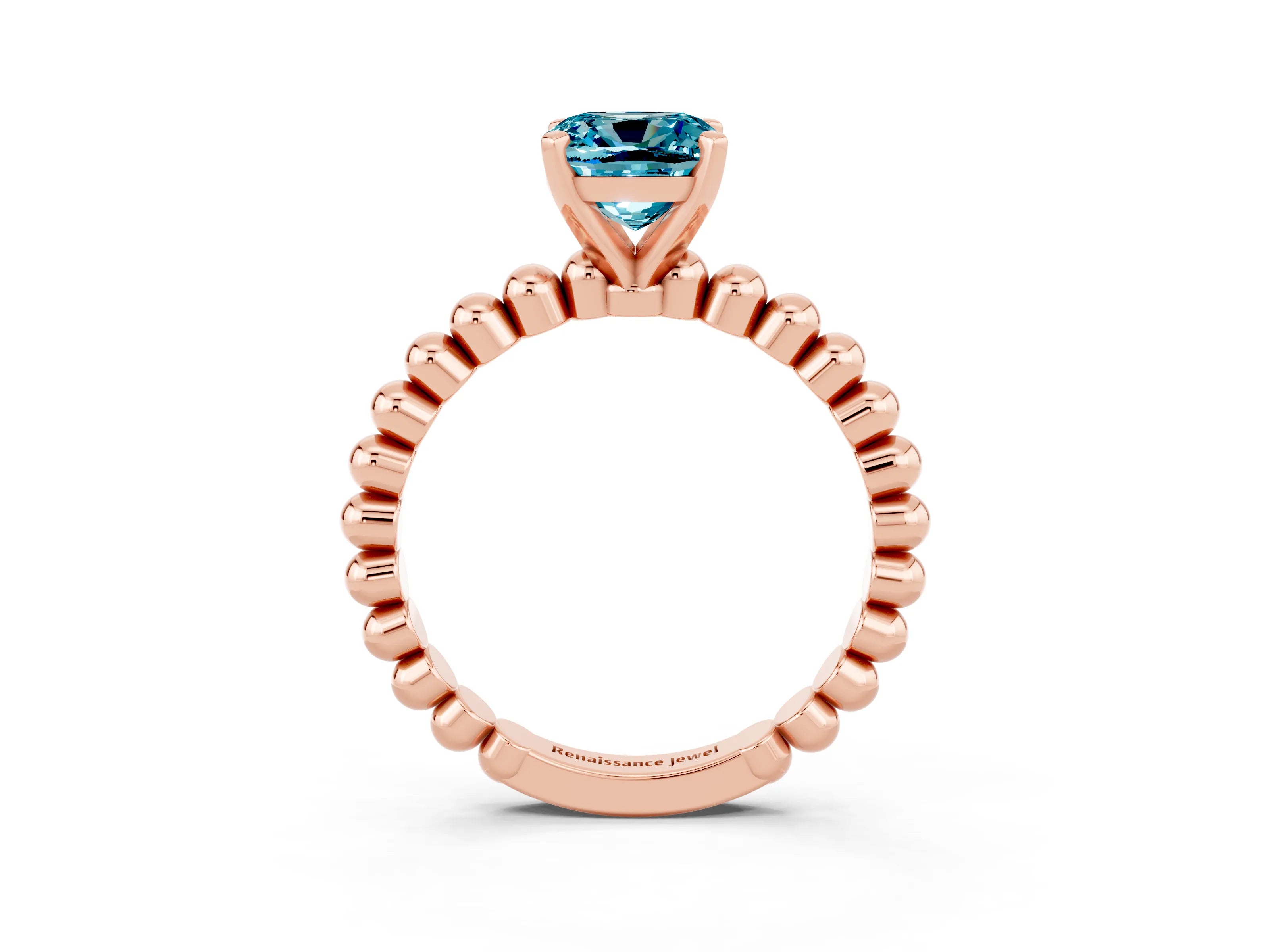 Rose gold Cushion Cut Blue Topaz Solitaire Ring with Beaded Band and Prong Setting_3