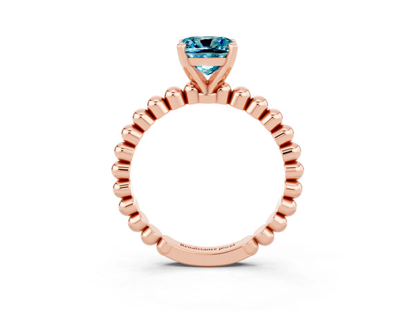 Rose gold Cushion Cut Blue Topaz Solitaire Ring with Beaded Band and Prong Setting